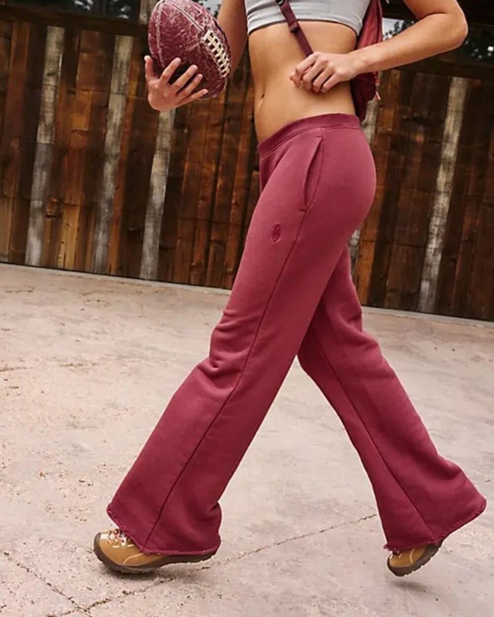 Free People Stance Flare Pants Low-Rise Raw Hem Pull-On Sweatpants Clove Red XL
